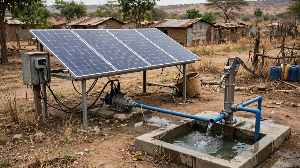 Zonnepanelen en een waterpomp in een ontwikkelingsland, gefinancierd via klimaatfondsen