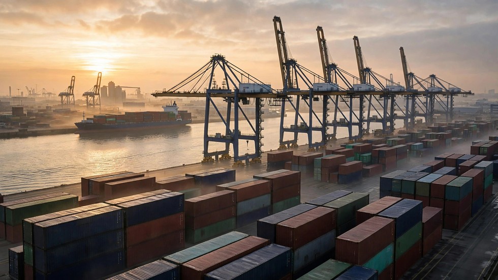 Containerterminal in de Rotterdamse haven met kranen bij zonsopgang