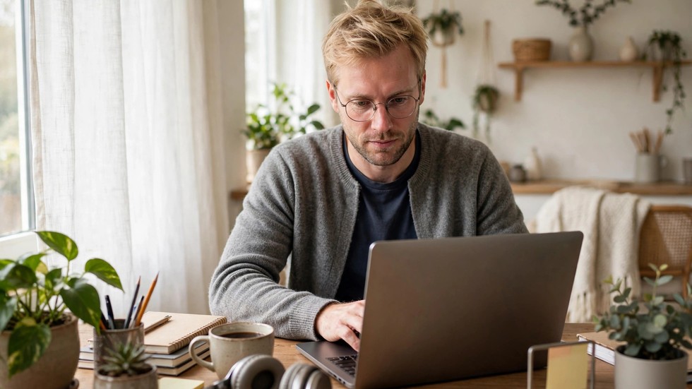 Nederlandse professional die thuiswerkt achter een laptop in een lichte werkkamer