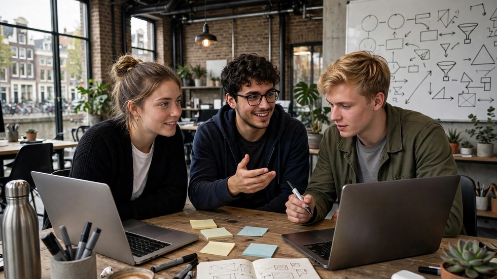 Jonge Nederlandse startup-oprichters aan het werk in een moderne hub in Amsterdam