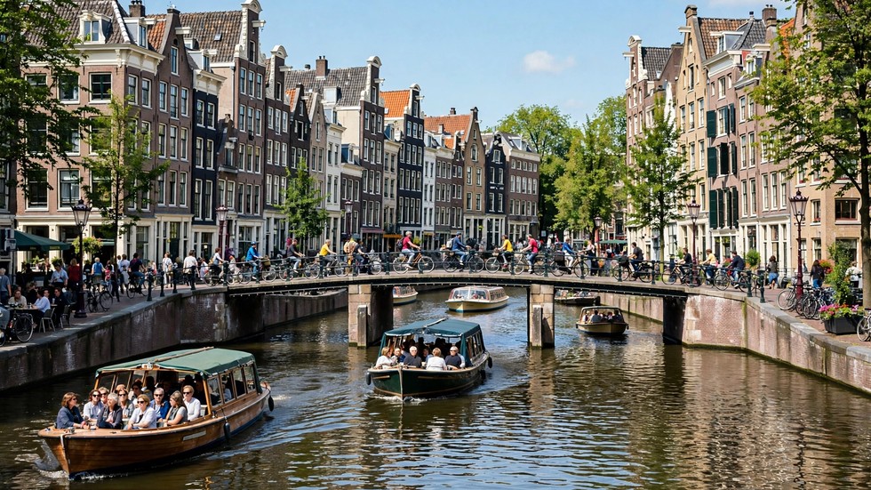 Drukke gracht in Amsterdam met rondvaartboten en fietsers op een zomerse dag