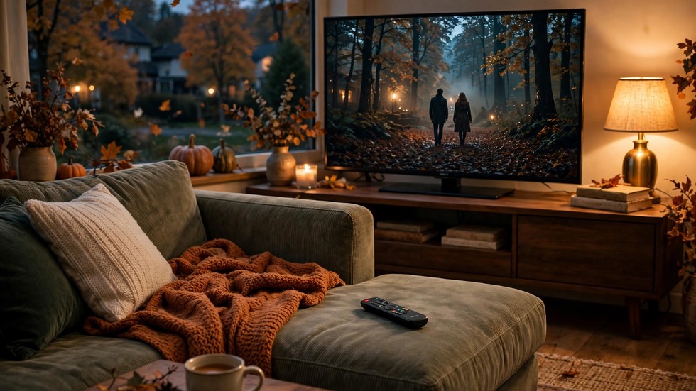 Bank met afstandsbediening en tv met een serie op streaming in een avondlijke woonkamer