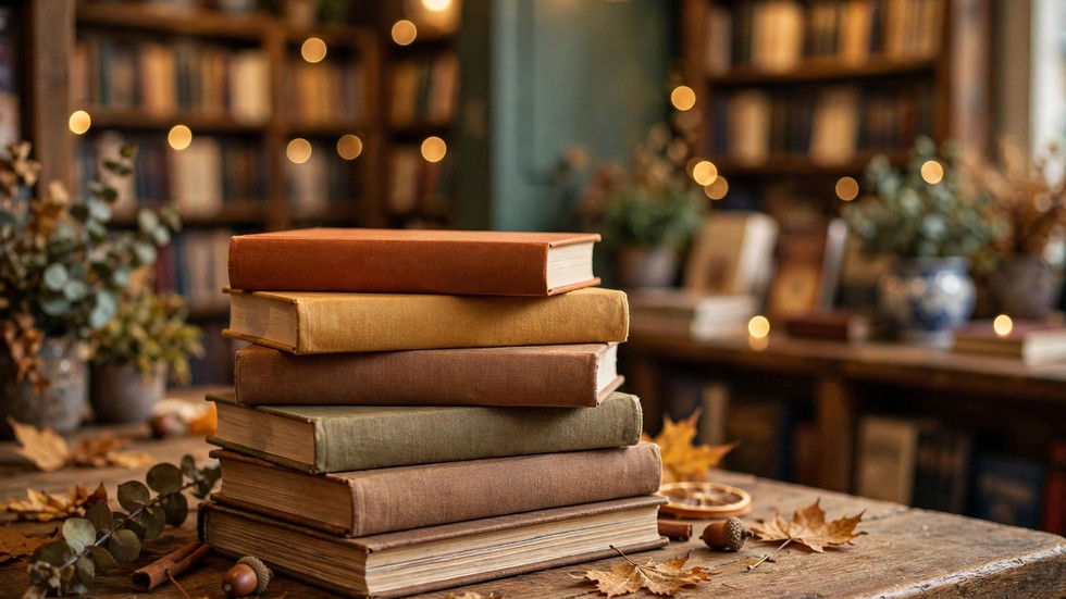 Boeken najaar bestsellers: stapel najaarsboeken op een houten tafel in een boekwinkel
