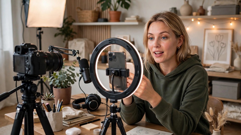 Creators Nederland sociale media: Nederlandse contentcreator die een video opneemt met ringlamp en smartphone
