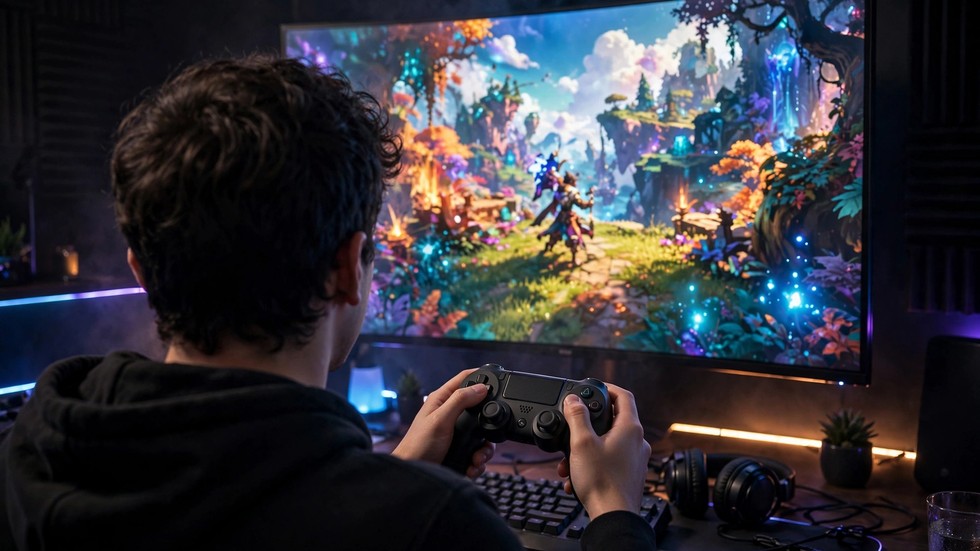 Games najaar releases: gamer met controller voor een groot scherm met kleurrijke gamebeelden