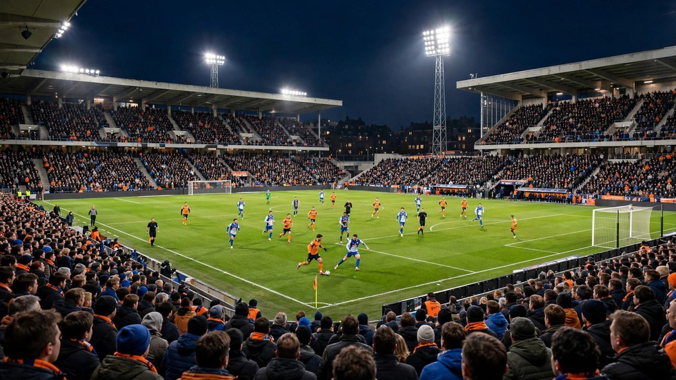Eredivisie titelstrijd: vol voetbalstadion in Nederland tijdens een wedstrijd bij avondlicht
