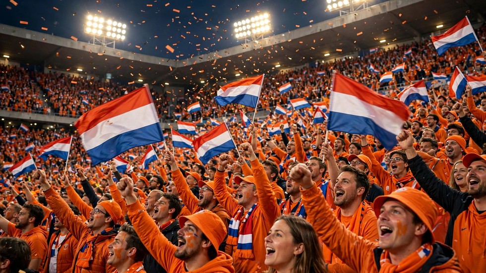 Oranje WK kwalificatie: oranjefans met vlaggen in een vol stadion