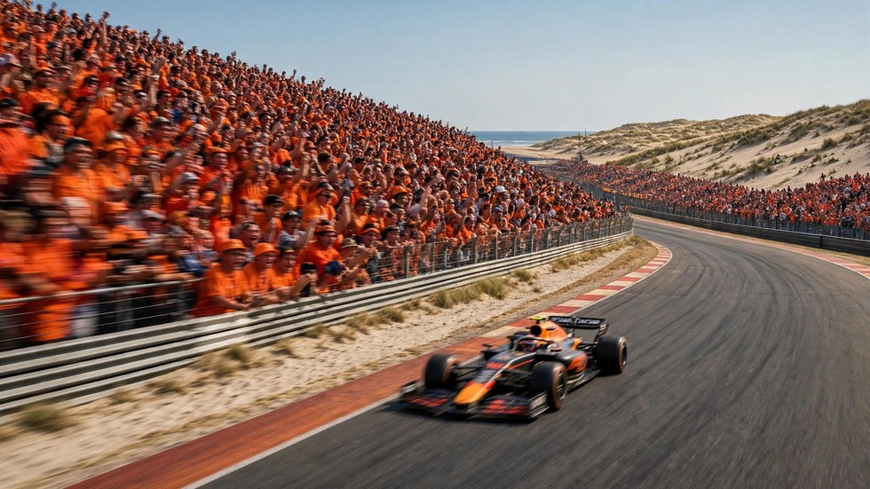 Verstappen Formule 1 seizoen: Formule 1-auto op het circuit van Zandvoort met oranje tribunes vol fans
