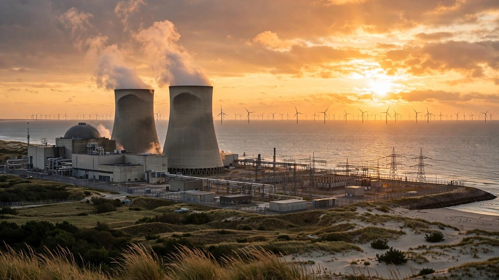 Kerncentrale aan de Nederlandse kust bij zonsondergang, met windmolens op zee in de verte