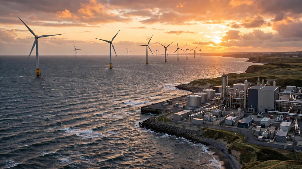 Windmolens op de Noordzee bij zonsondergang met een waterstoffabriek aan de kust