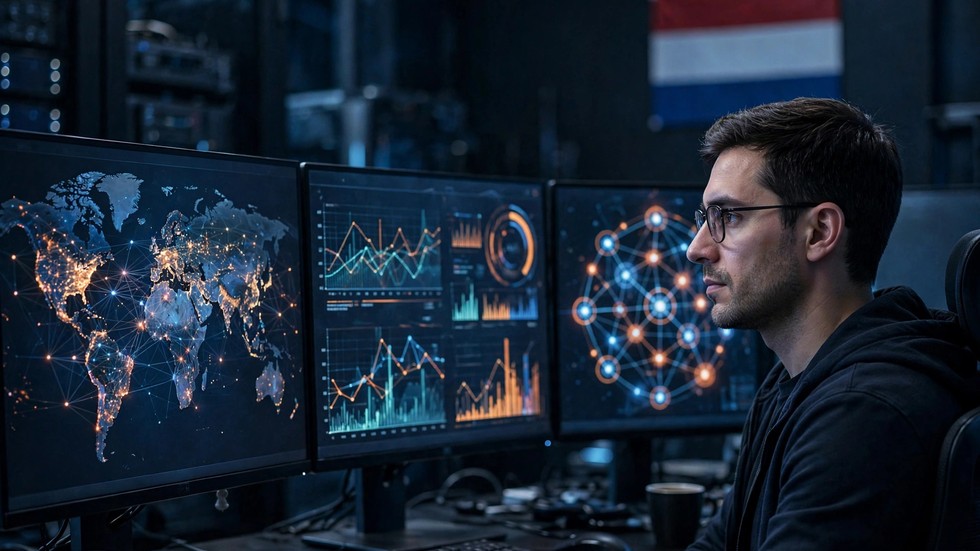 Cybersecurity-expert achter monitors met dreigingsdata, Nederlandse vlag subtiel zichtbaar