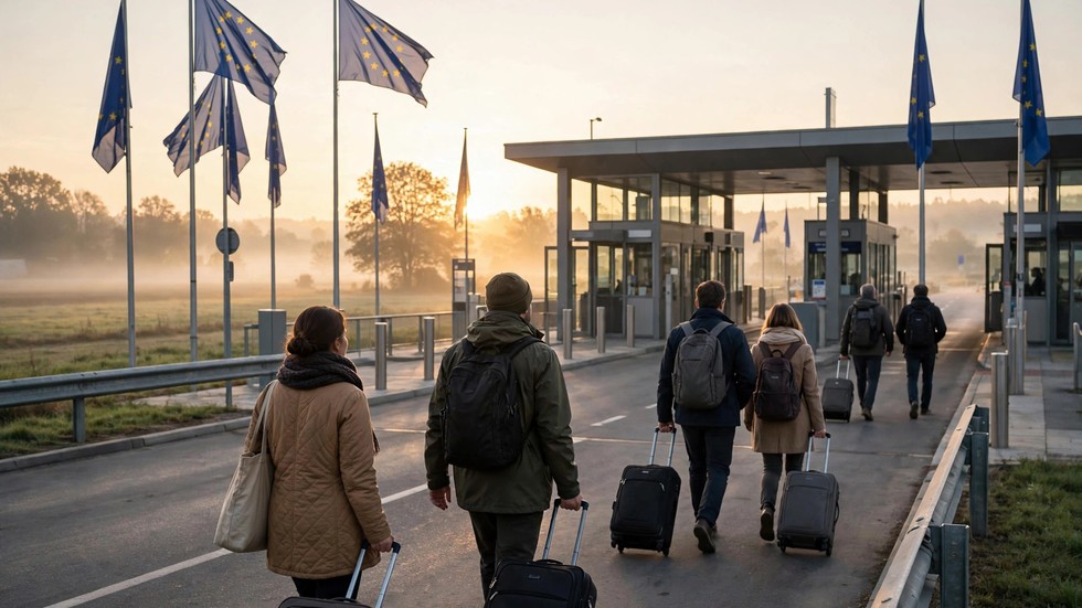 Migratieakkoord EU: grenspost met EU-vlaggen en reizigers bij zonsopgang