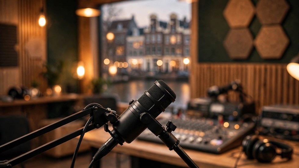 Nederlandse podcasts: microfoon in een moderne podcaststudio in Amsterdam