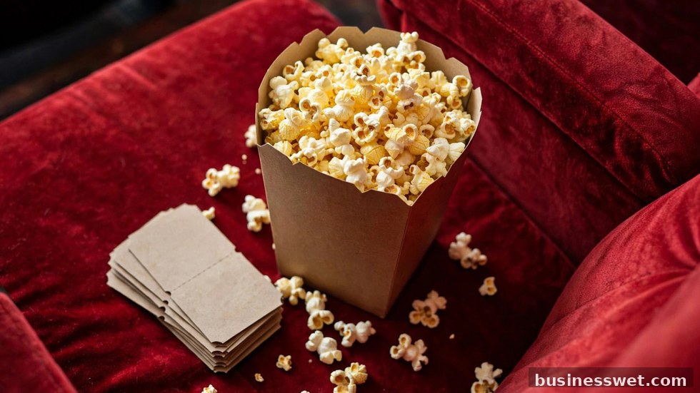 Popcorn en bioscoopkaartjes op een rode stoel in een volle filmzaal.