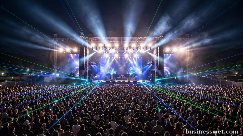 Vrienden genieten met hun handen in de lucht van een concert in een volle zaal.