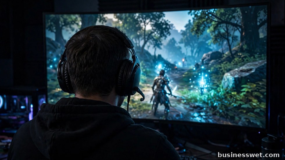 Gamer met een headset speelt een videogame op een groot scherm in een donkere kamer.