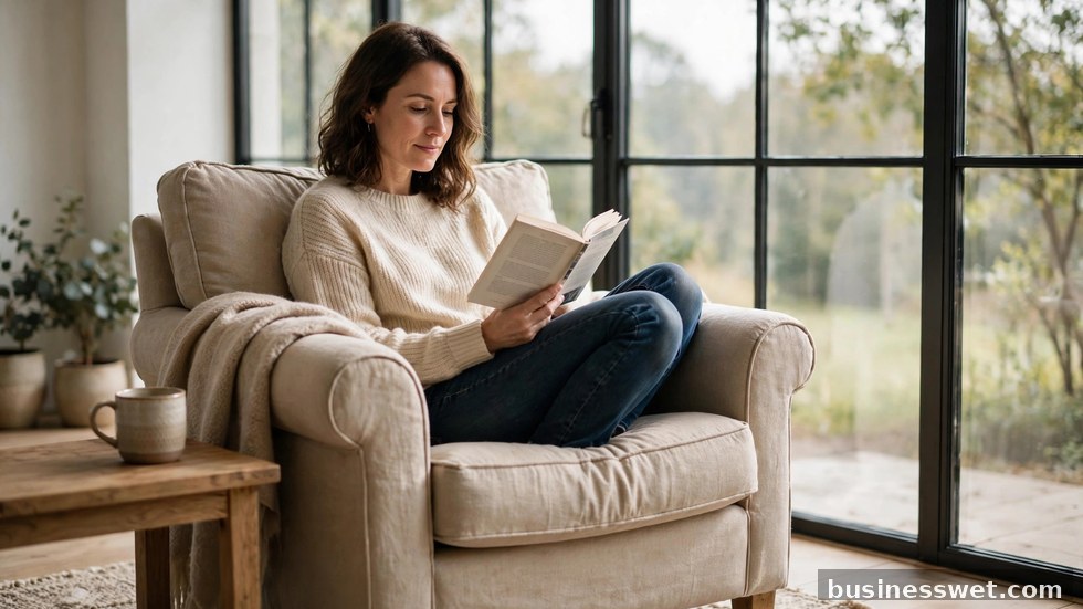 Vrouw leest ontspannen een boek in een comfortabele stoel bij het raam.
