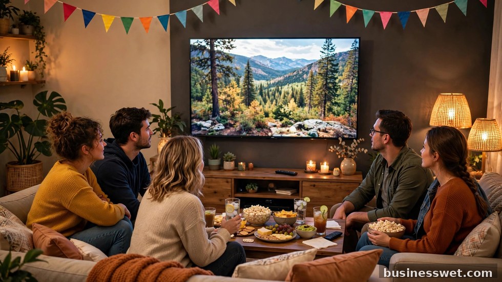 Vrienden kijken samen naar het Eurovisie Songfestival op televisie met vlaggetjes.