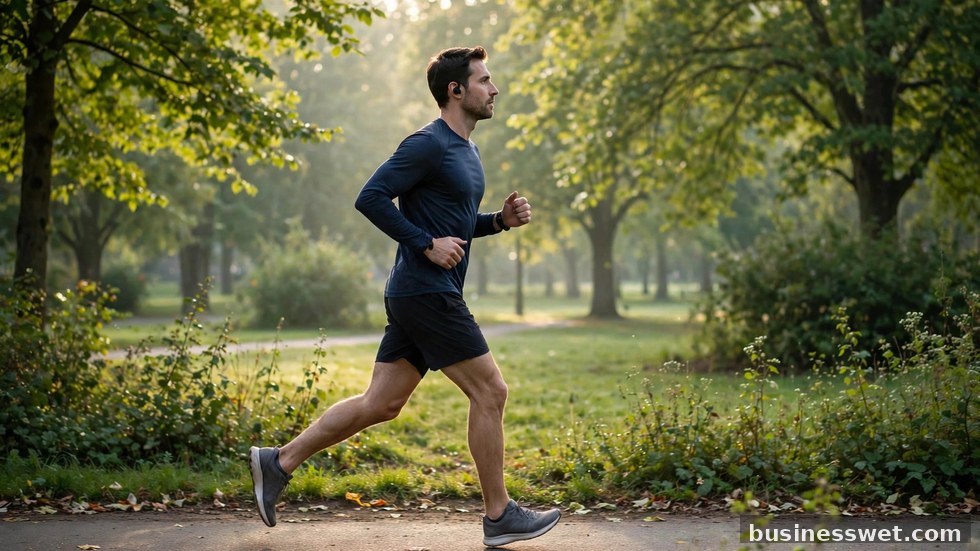 Man luistert met oordopjes naar een podcast tijdens het hardlopen in het park.