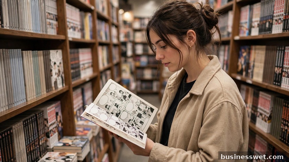 Lezer bladert door een manga in een boekwinkel vol strips en graphic novels.