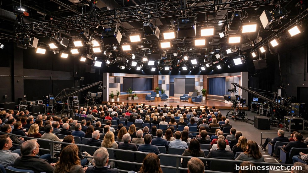 Opnames van een reality-tv-programma in een televisiestudio met camera's en publiek.