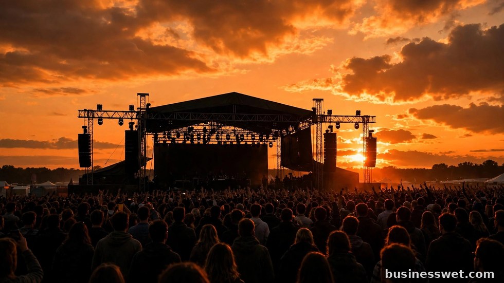 Een uitzinnige menigte voor het hoofdpodium van een Nederlands zomerfestival bij zonsondergang.