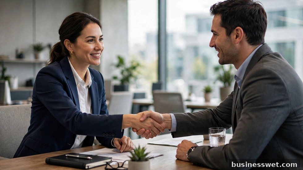 Twee professionals schudden elkaar de hand tijdens een sollicitatiegesprek in een modern kantoor.