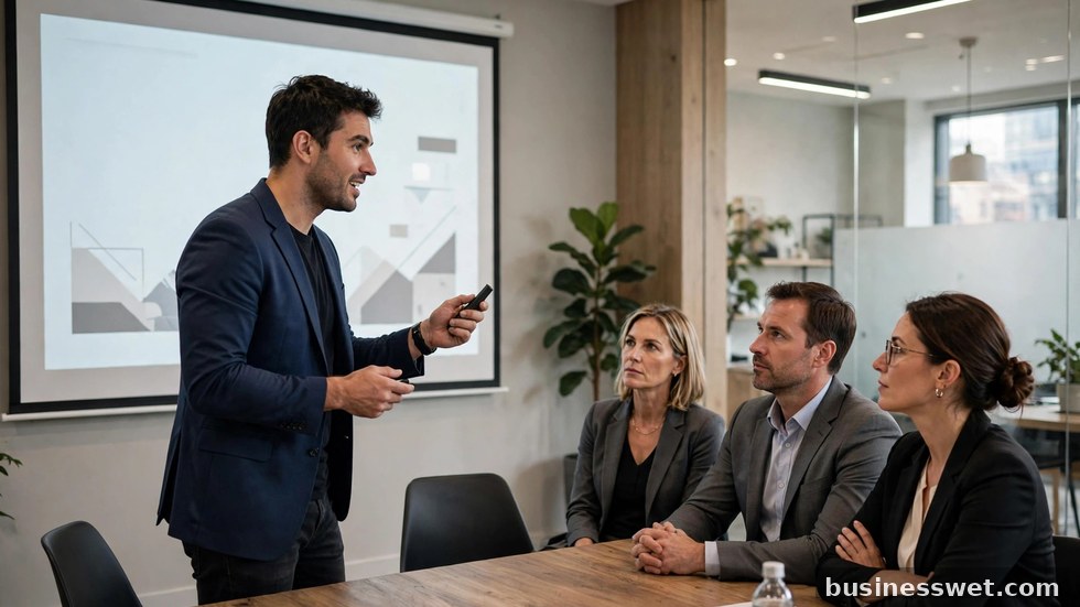 Een startup-oprichter geeft een pitchpresentatie aan investeerders in een moderne vergaderruimte.