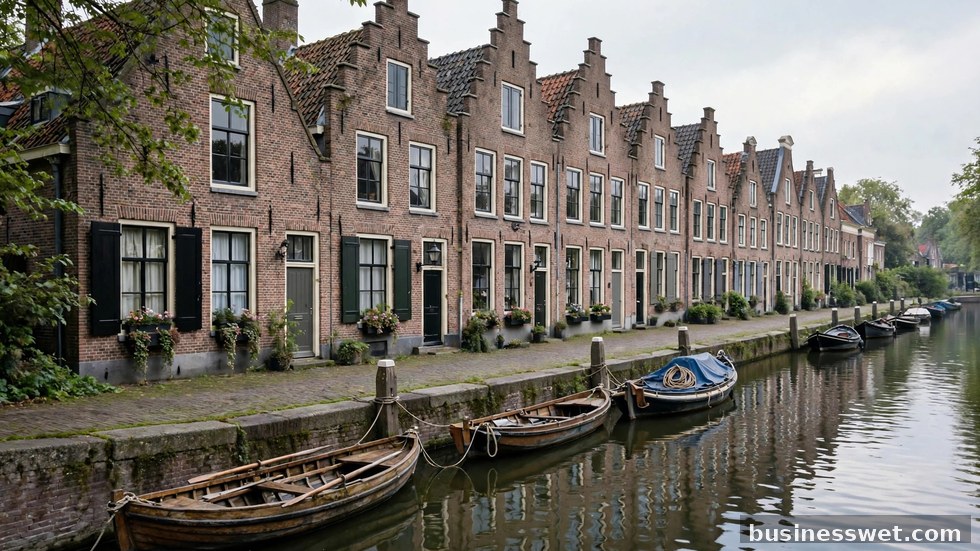 Een bord 'te koop' voor een karakteristieke Nederlandse woning aan een gracht.