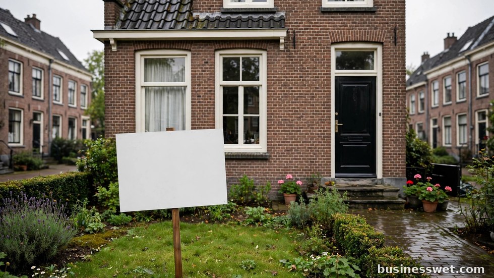 Een bord 'te koop' voor een karakteristieke Nederlandse woning aan een gracht.