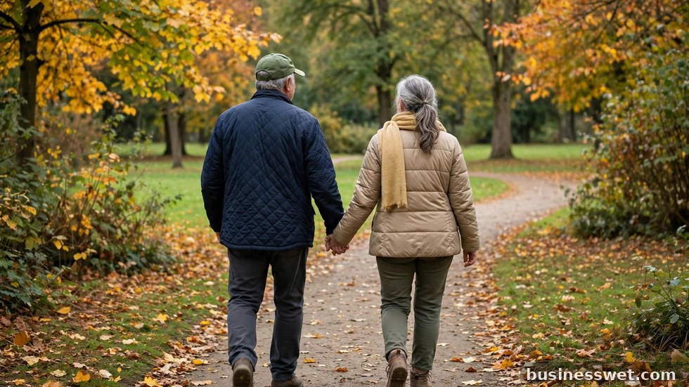 Een gelukkig ouder echtpaar geniet van hun pensioen tijdens een wandeling in de natuur.