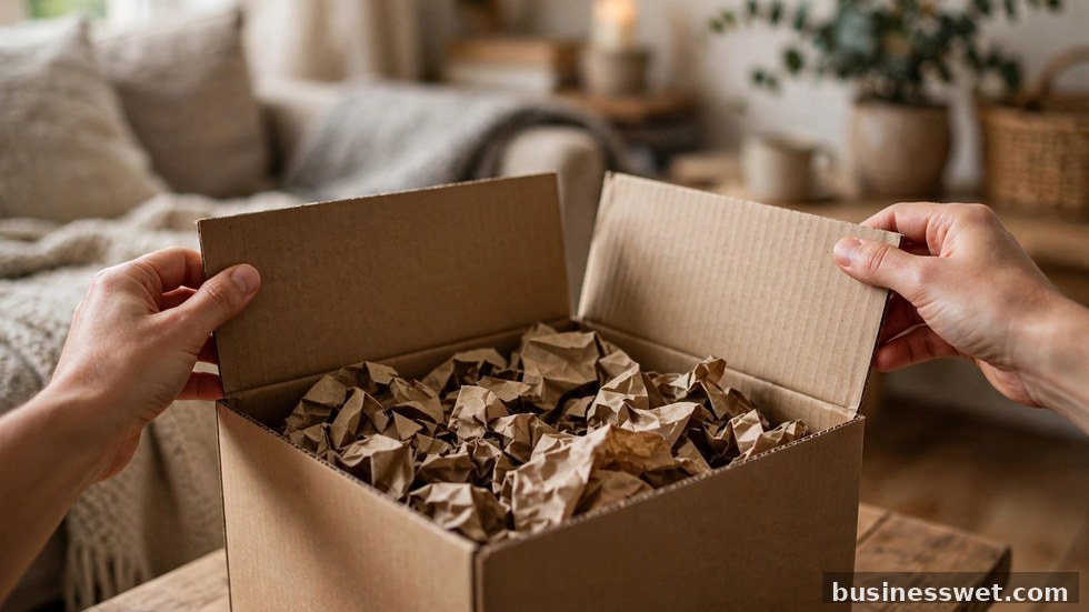 Een klant pakt thuis een online bestelling uit, omringd door verpakkingsmateriaal.