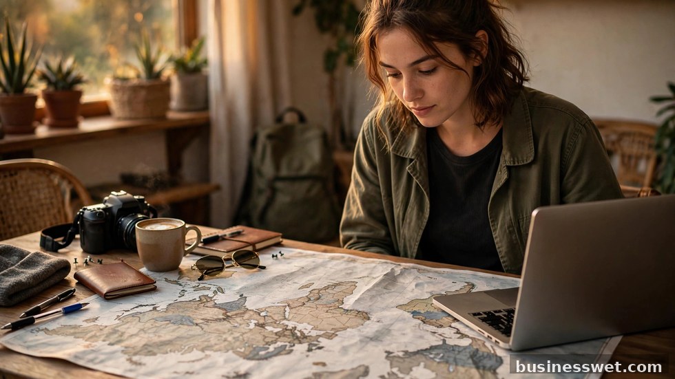 Reiziger die op een laptop een vakantie boekt met een landkaart op tafel.