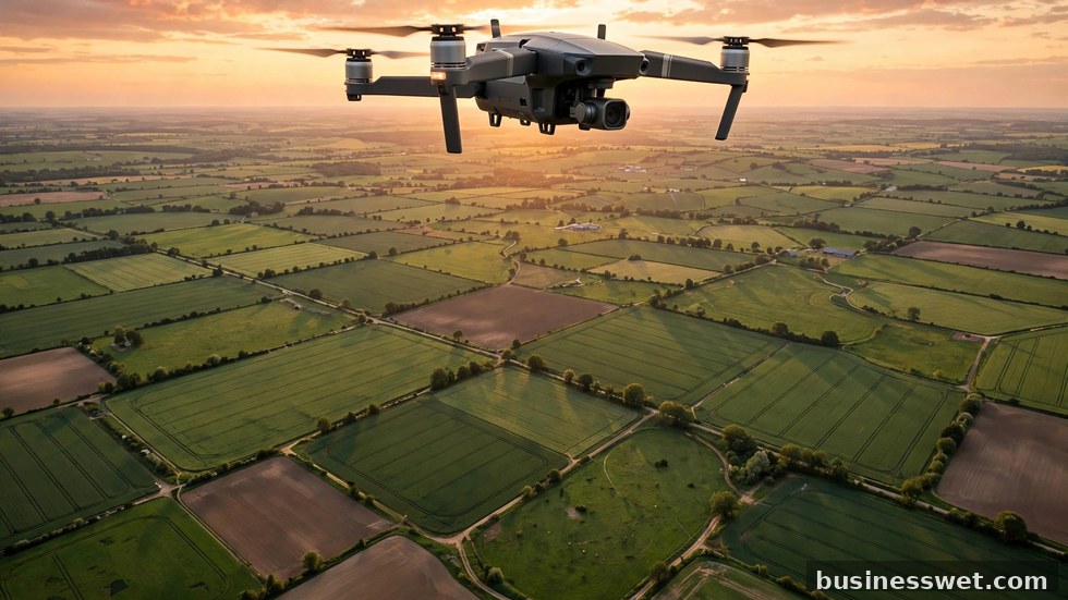 Drone die over een groen akkerbouwveld vliegt naast een moderne trekker.