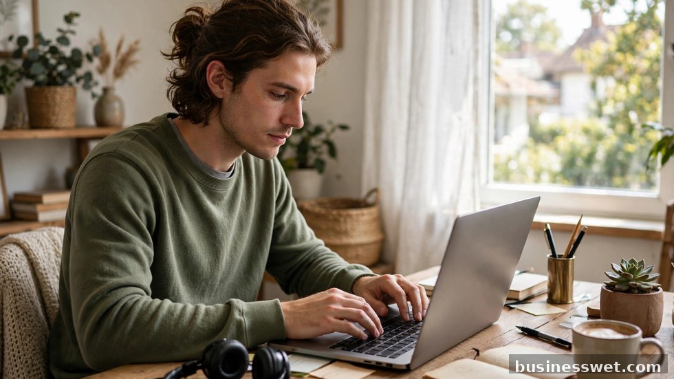 Een zzp'er die thuis achter een laptop aan een bureau werkt.