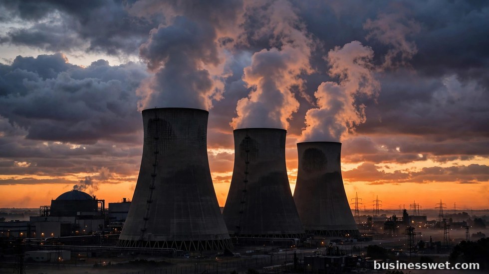 Koeltorens van een kerncentrale van bovenaf gezien in het avondlicht.