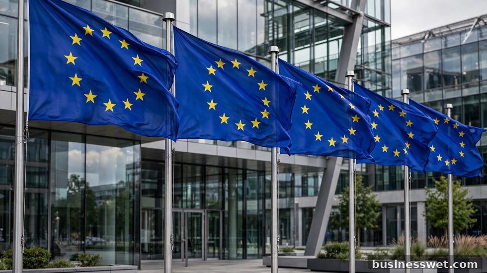 Stemhokjes en vlaggen van de Europese Unie tijdens de verkiezingen van 2026.