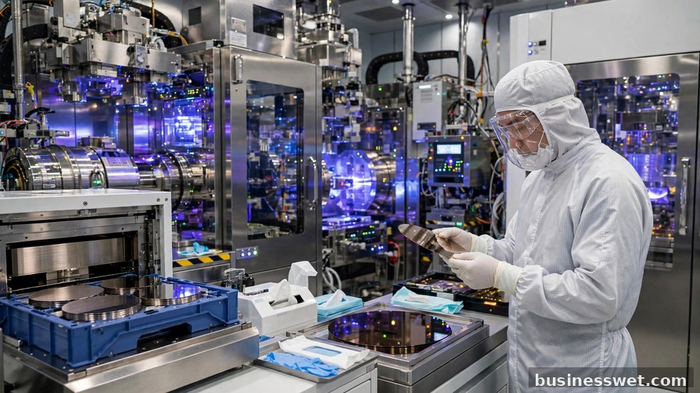 Een moderne chipfabriek waar halfgeleiders voor de wereldmarkt worden geproduceerd.