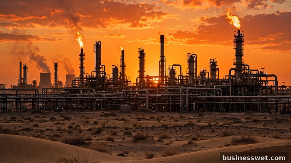 Een olieraffinaderij in de woestijn bij zonsondergang, symbool voor de energiemacht van het Midden-Oosten.