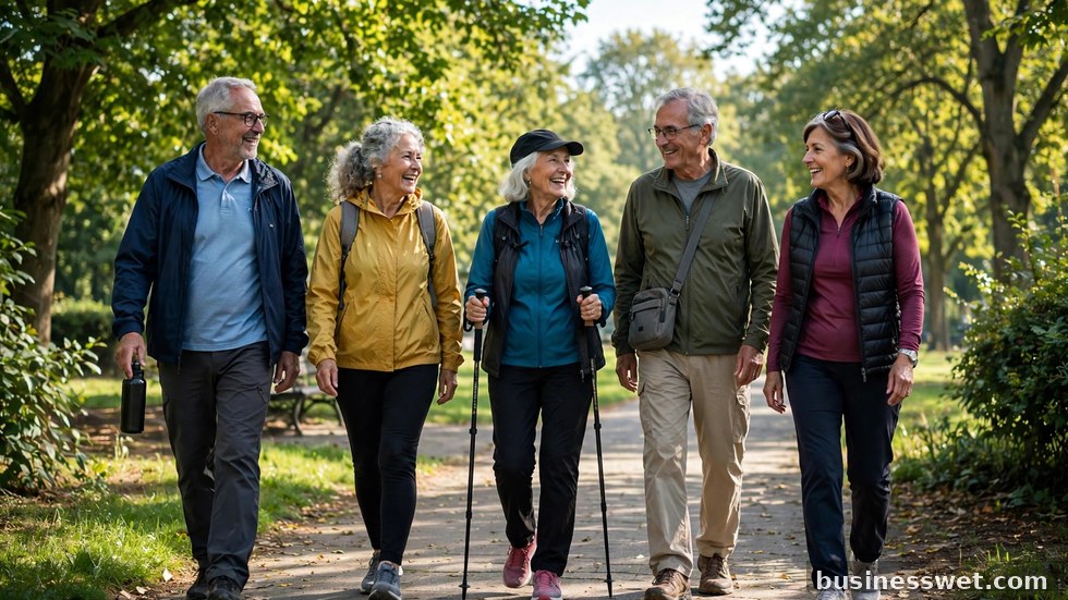 Actieve ouderen die samen wandelen in een park, als beeld van de vergrijzende Europese samenleving.