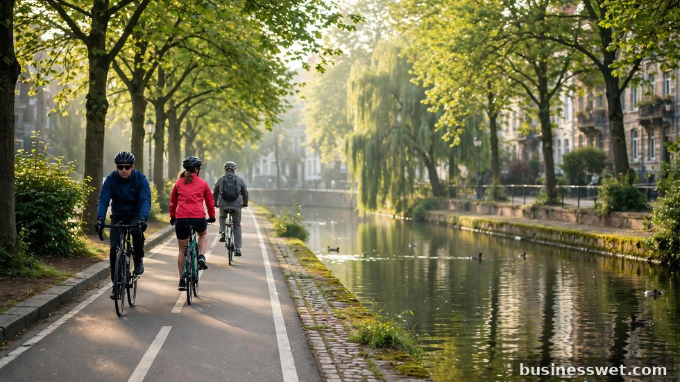 Fietsers op een fietspad in een groene stad, als voorbeeld van duurzame mobiliteit.