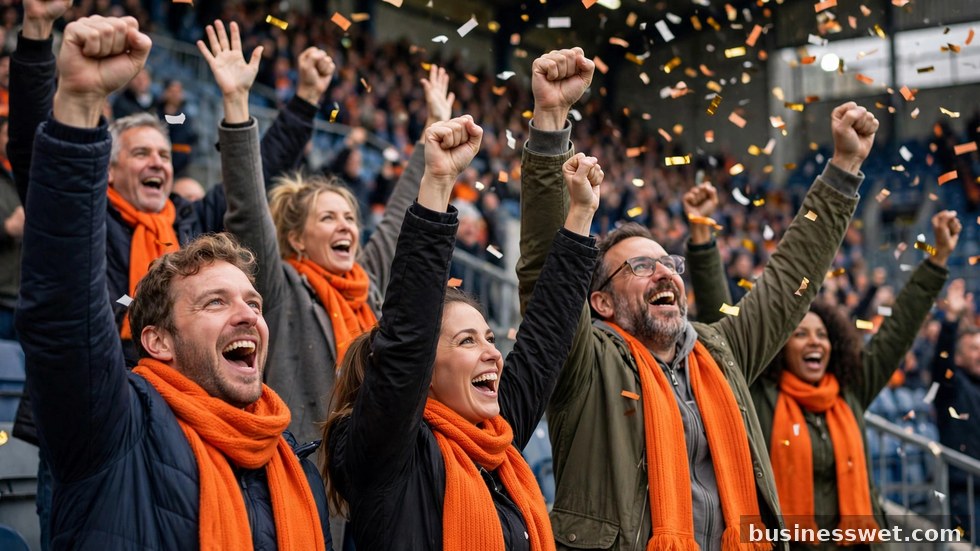 Juichende voetbalfans in een vol Nederlands stadion tijdens een wedstrijd in de Eredivisie.