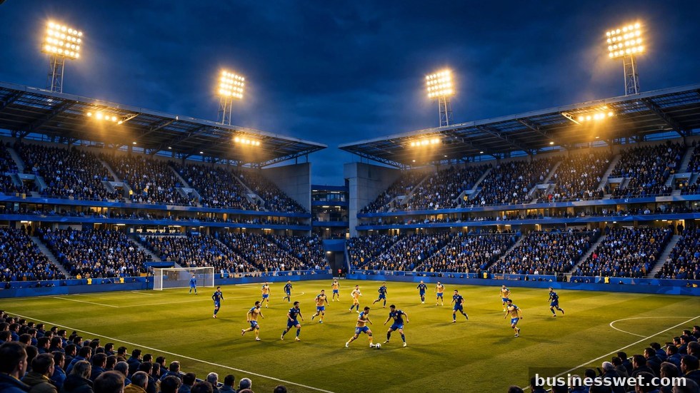 Voetballers in actie tijdens een Champions League-wedstrijd in een verlicht stadion bij nacht.