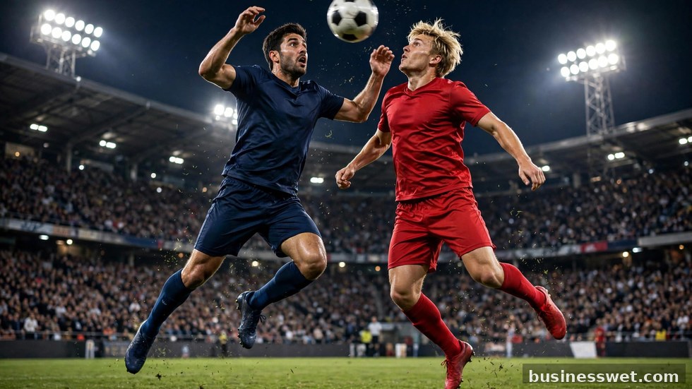 Voetballers in actie tijdens een Champions League-wedstrijd in een verlicht stadion bij nacht.