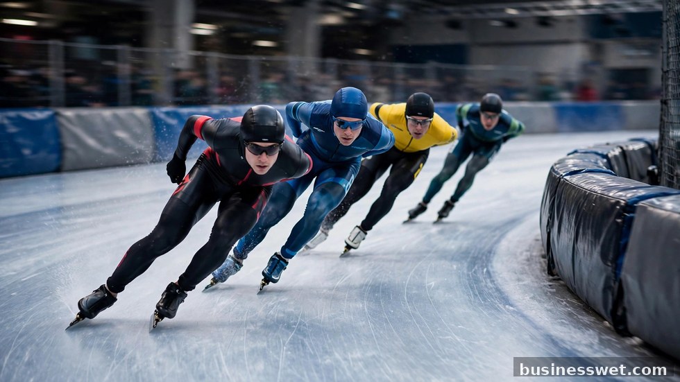 Schaatsers in actie tijdens een wedstrijd op een overdekte ijsbaan, scherp in de bocht.
