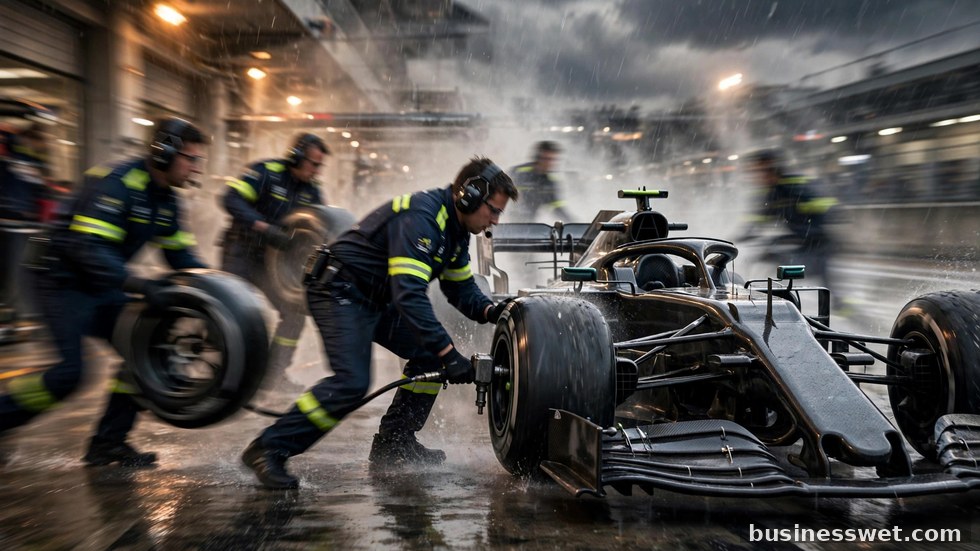Een Formule 1-auto tijdens een pitstop, met monteurs die razendsnel de banden wisselen.