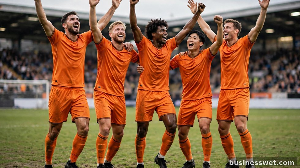 Spelers van het Nederlands elftal die een doelpunt vieren in oranje shirts.