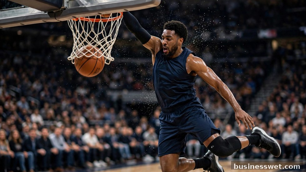 Een basketballer die dunkt tijdens een wedstrijd in een volle arena.