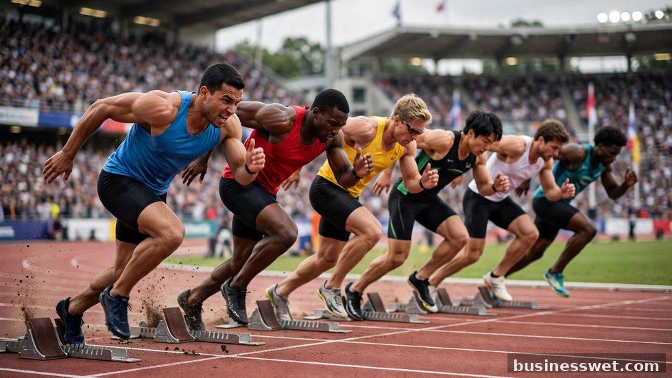 Sprinters in de startblokken tijdens een atletiekwedstrijd in een vol stadion.