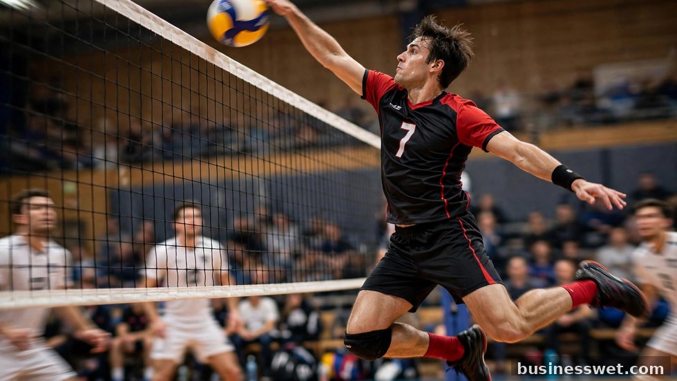 Een volleyballer die de bal hard inslaat tijdens een wedstrijd, met het net op de voorgrond.